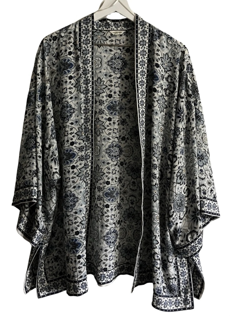 Boho Open Front Kimono Floral Beach Resort Vacation Blue White 2X